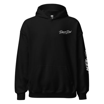 Black hoodie with 'Dance Dad Club' text on a white background