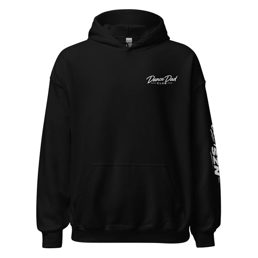 Black hoodie with 'Dance Dad Club' text on a white background