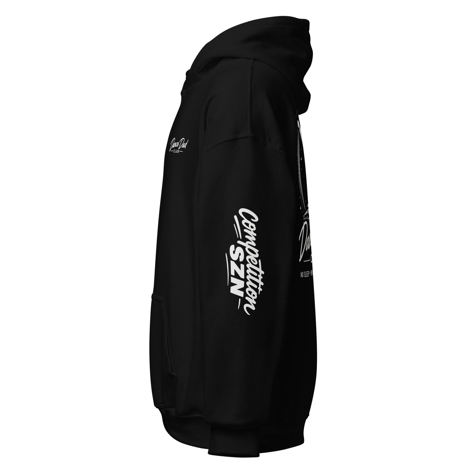 Black hoodie with white text and graphics on a white background