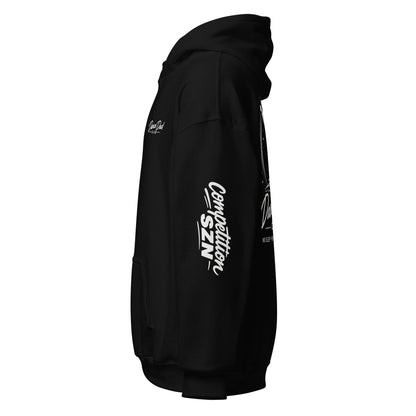 Black hoodie with white text and graphics on a white background