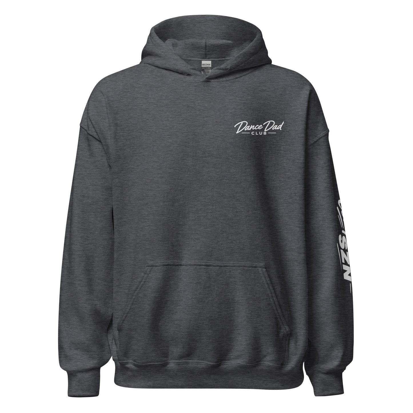 Dark gray hoodie with 'Dance Dad Club' text on a white background