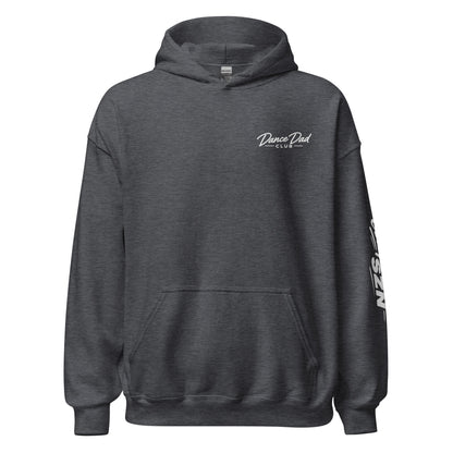 Dark gray hoodie with 'Dance Dad Club' text on a white background