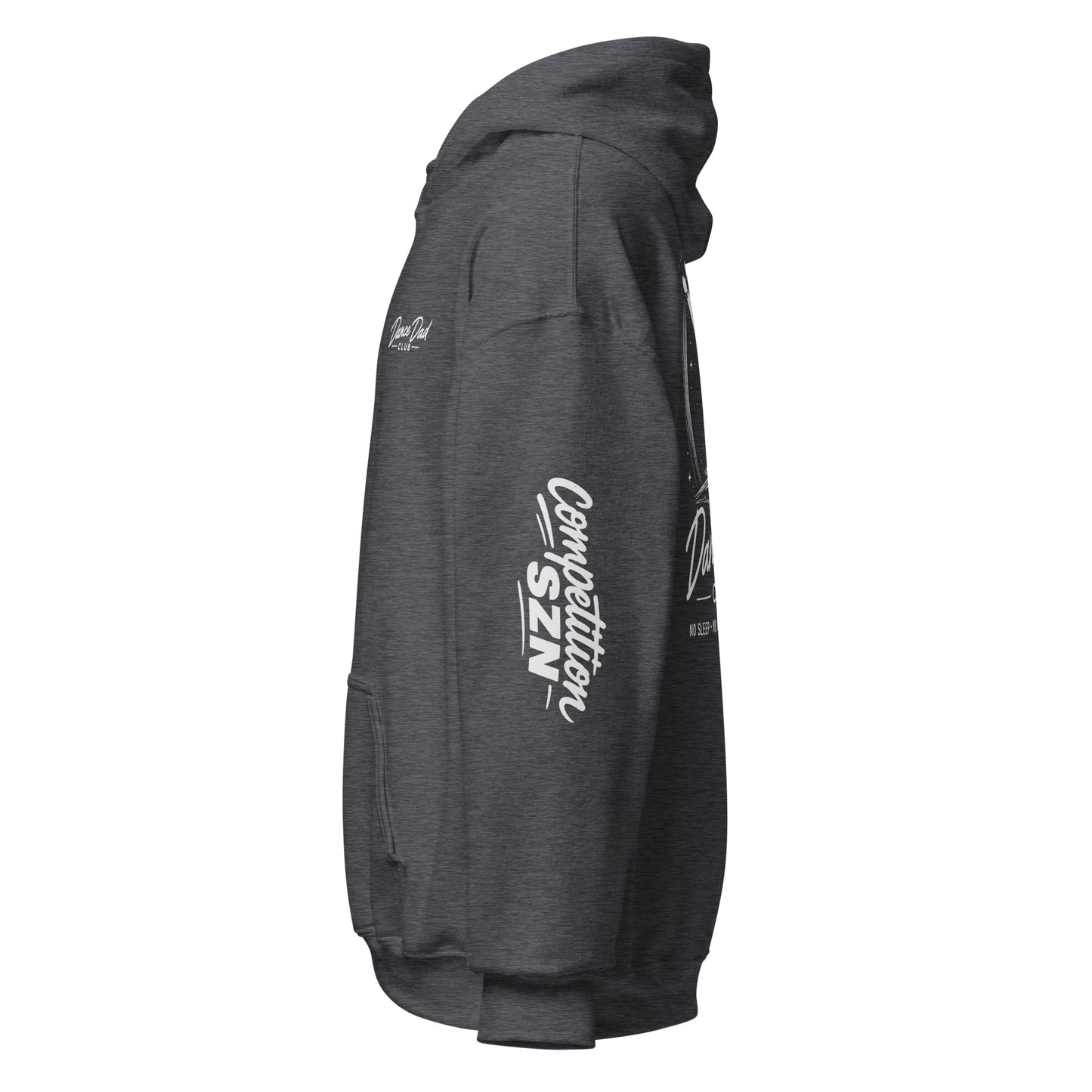 Gray hoodie with white text on a white background