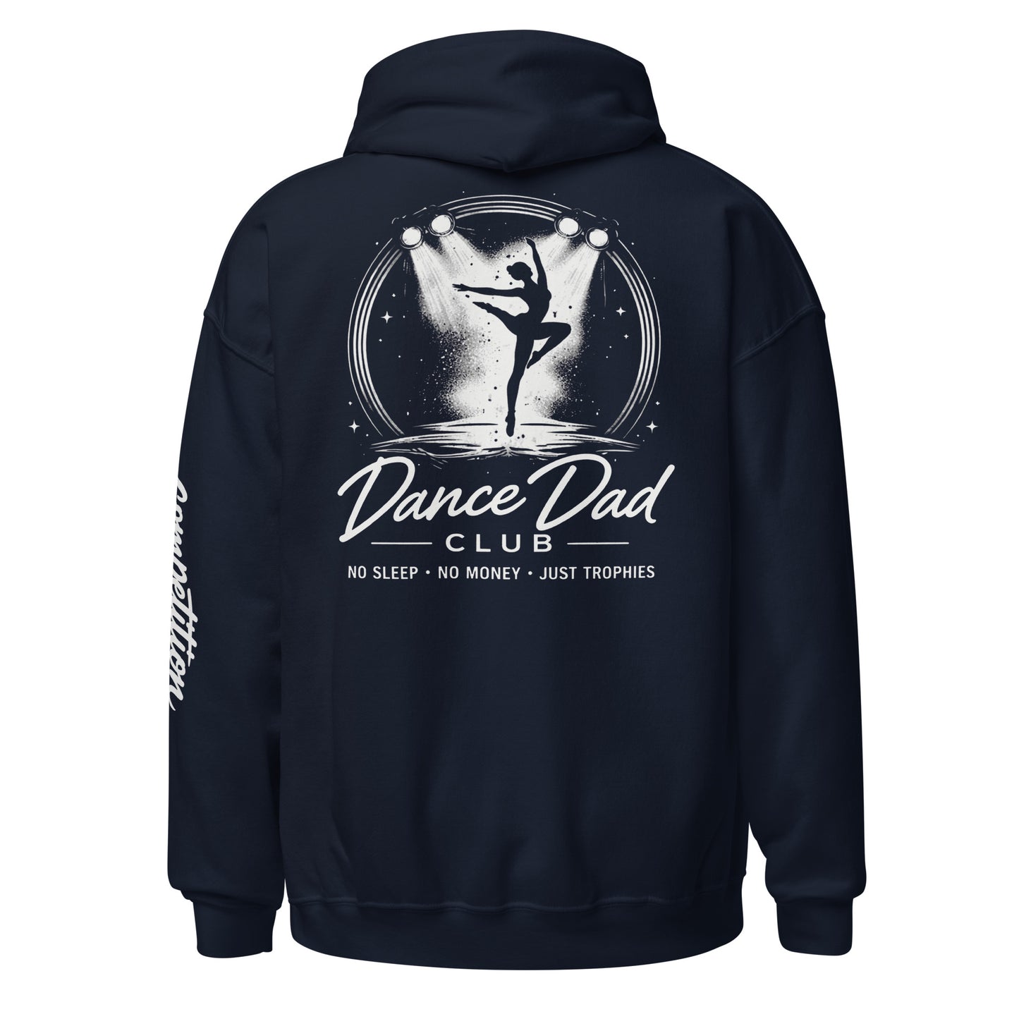 Navy hoodie with 'Dance Dad Club' graphic on the back