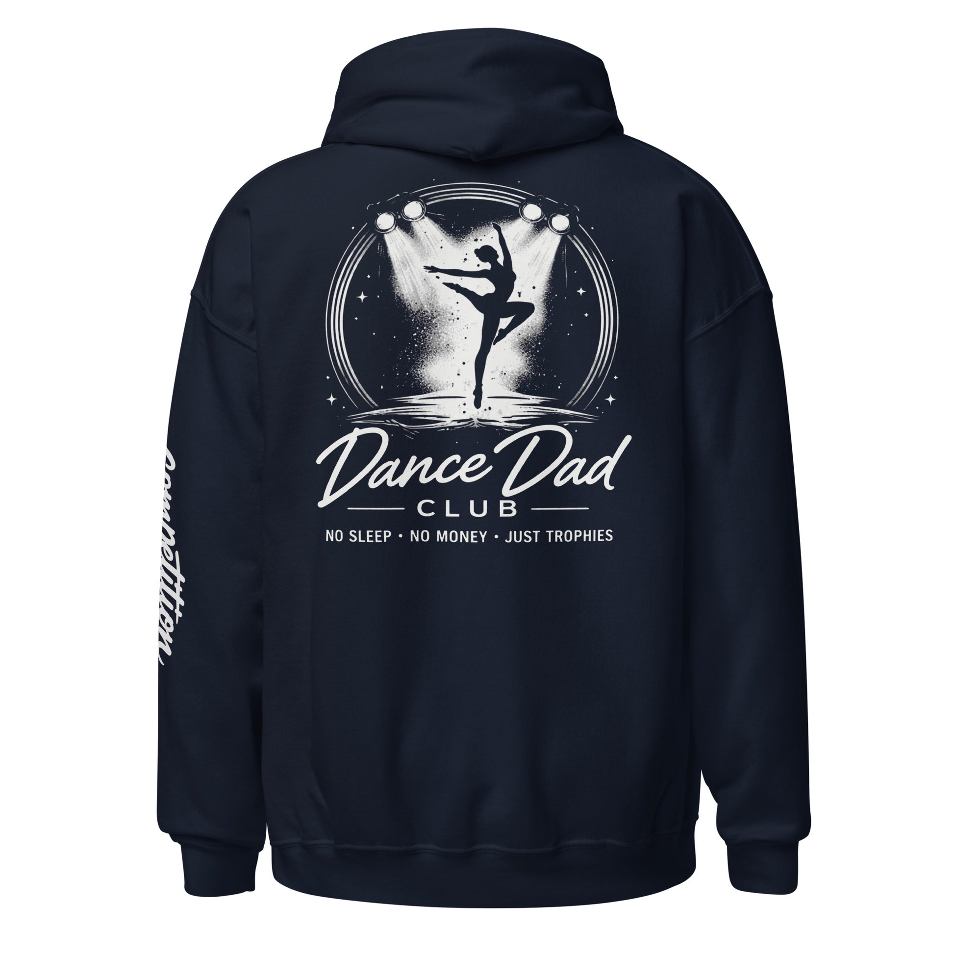 Navy hoodie with 'Dance Dad Club' graphic on the back