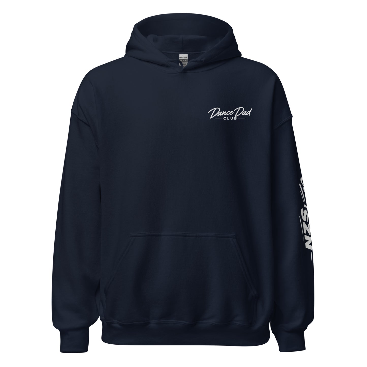 Navy hoodie with 'Dance Dad Club' text on a white background