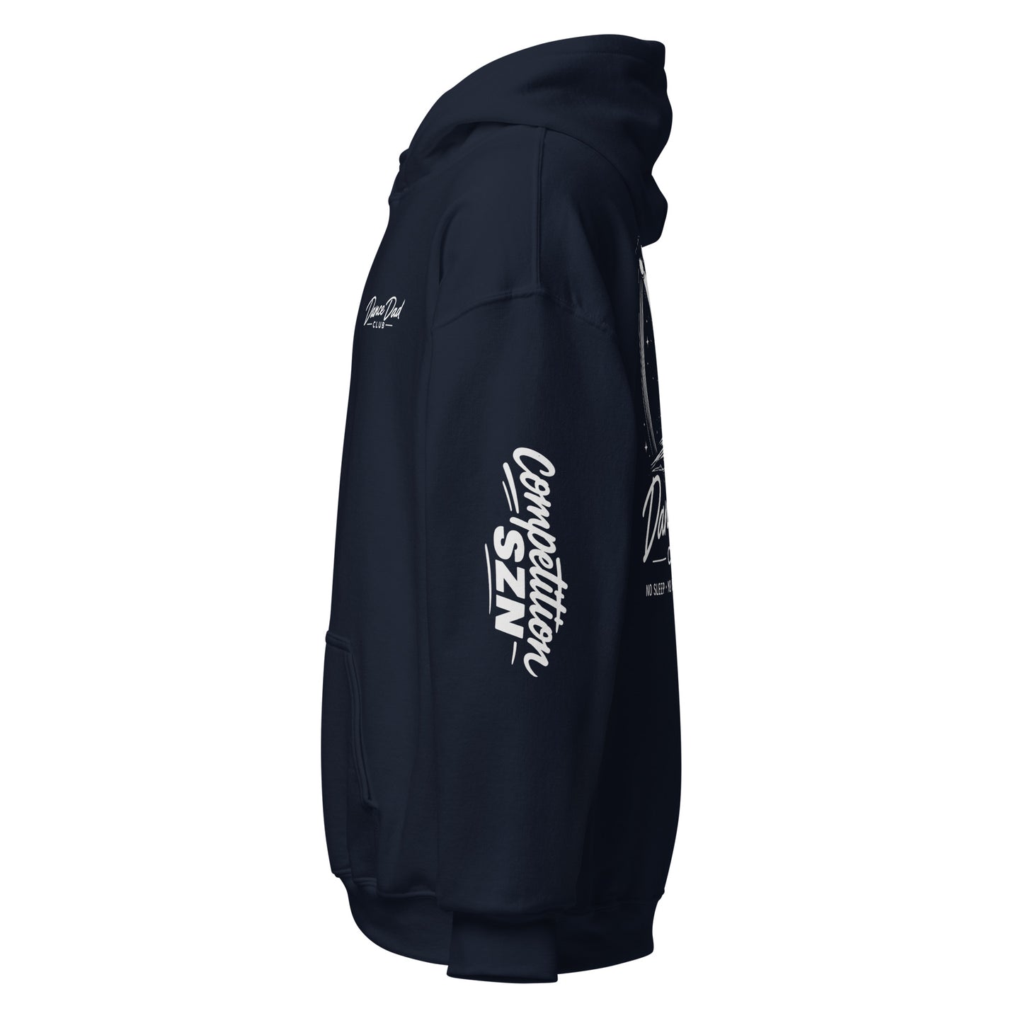 Black hoodie with white text and branding on a white background