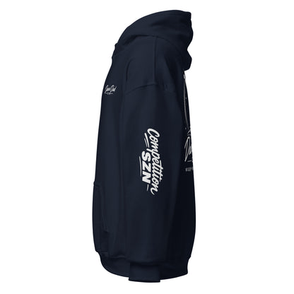Black hoodie with white text and branding on a white background